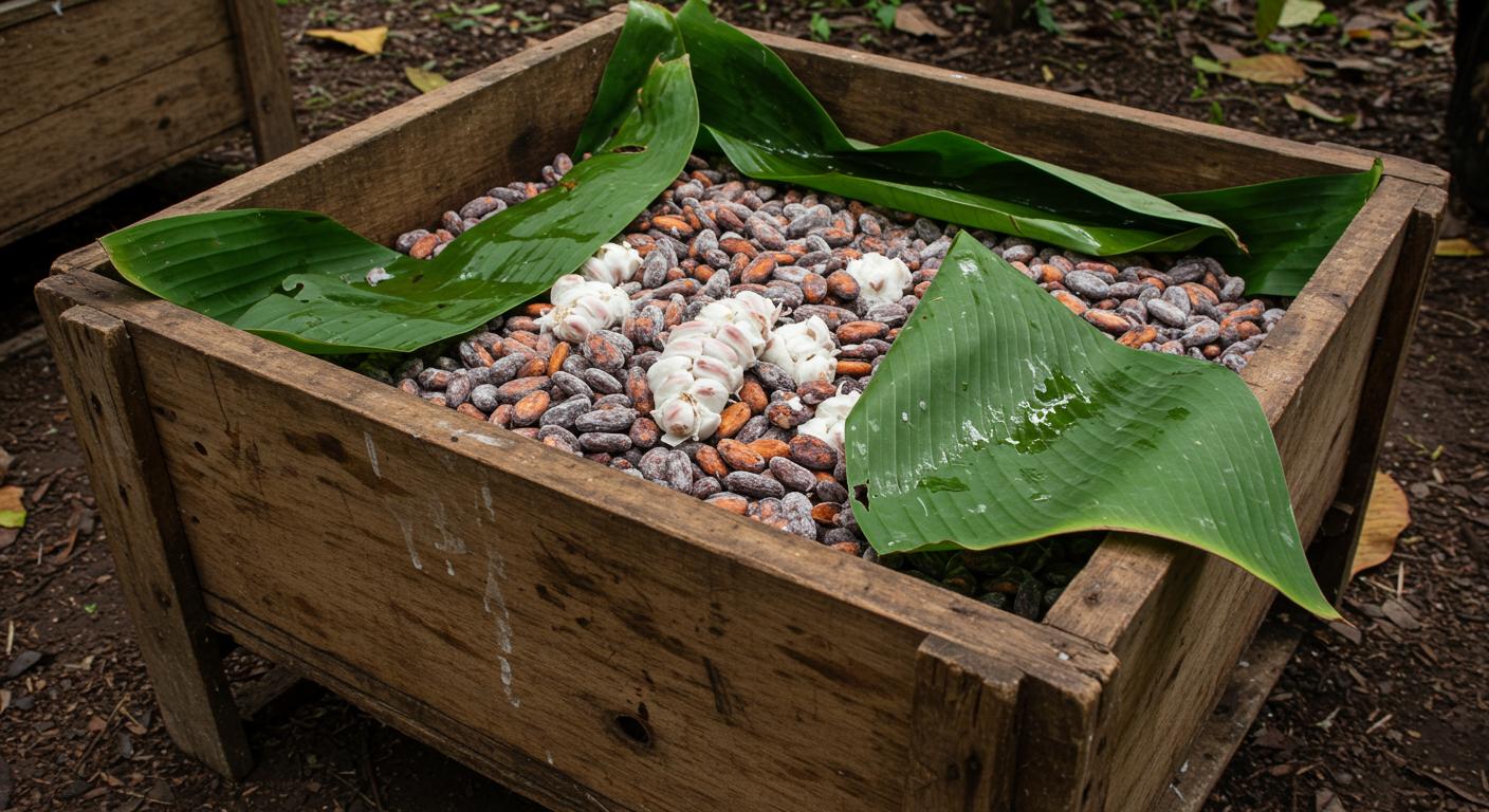 Cocoa beans fermenting in lined boxes under closely monitored heat and turning cycles.